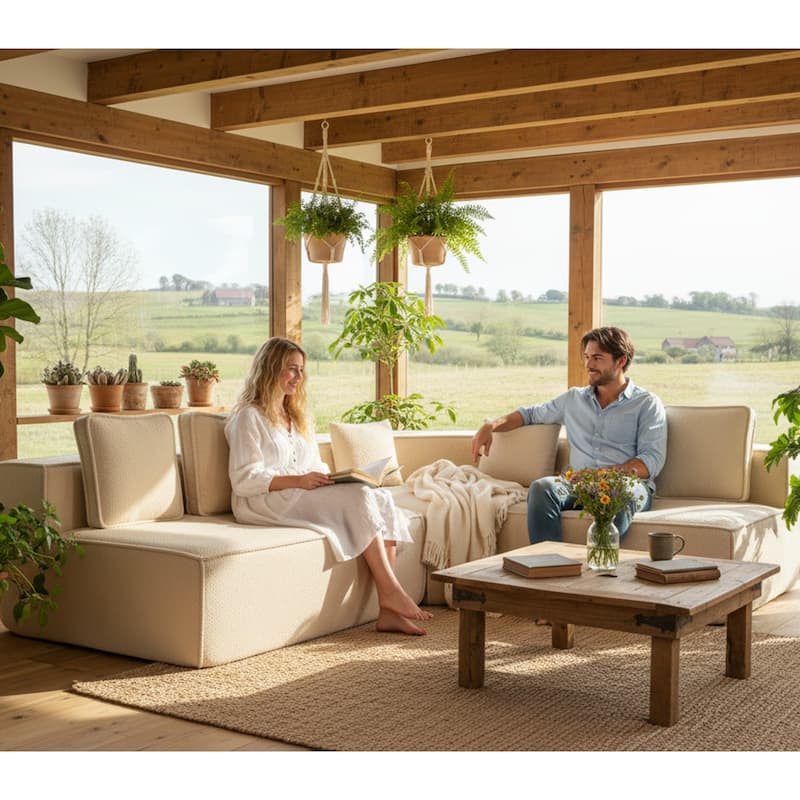 132"Oversized Teddy Fabric Modular Sectional Sofa,Full-Foam Cushion Design with Ultra Soft Feel with Six Cushions