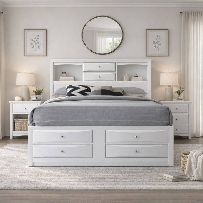8 Drawer Eastern King Bed with Bookcase Headboard and Round Knobs, White