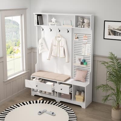 Hallway Hall Tree with Removable Cushioned Bench, Coat Rack, Storage Shelves