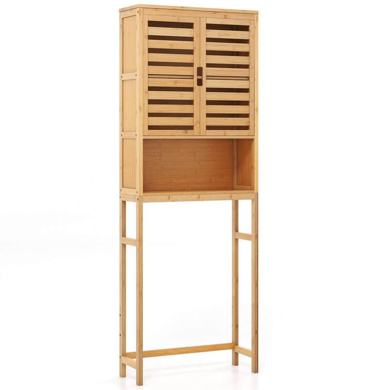 Space-Saving Wicker Bathroom Organizer with Closed Cabinet and Open Shelving for Toiletries - 24.5" x 9" x 67" (L x W x H)