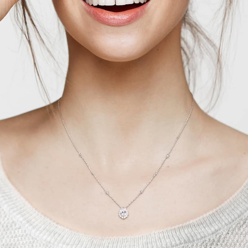 Miadora 1 1/2ct DEW Pear-cut Moissanite Teardrop Halo Station Necklace in Sterling Silver