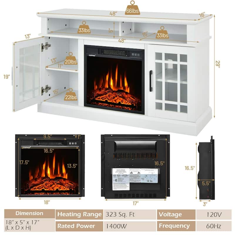 48 Inch Electric Fireplace TV Stand with 2 Side Cabinets and 2 Open Shelves - 48" x 16" x 30" (L x W x H)