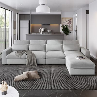 Modern Convertible L-Shaped Linen Feather Filled Reversible Sectional Sofa