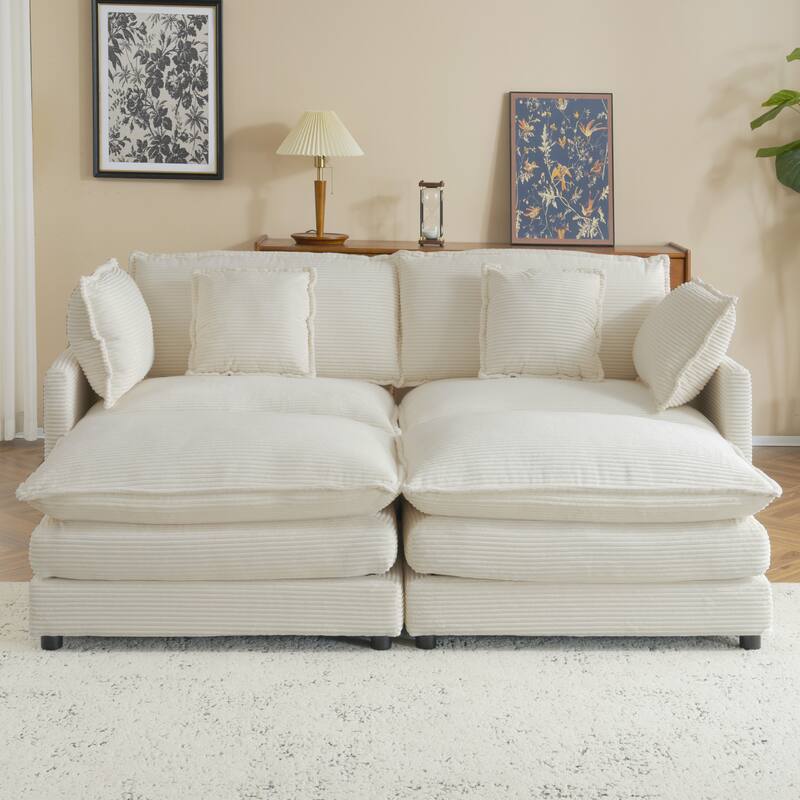 Corduroy Loveseat Set with Movable Ottoman 4 Seater Corner Sofa, Upholstered Deep-seat Couch wCushions and 4 Pillows