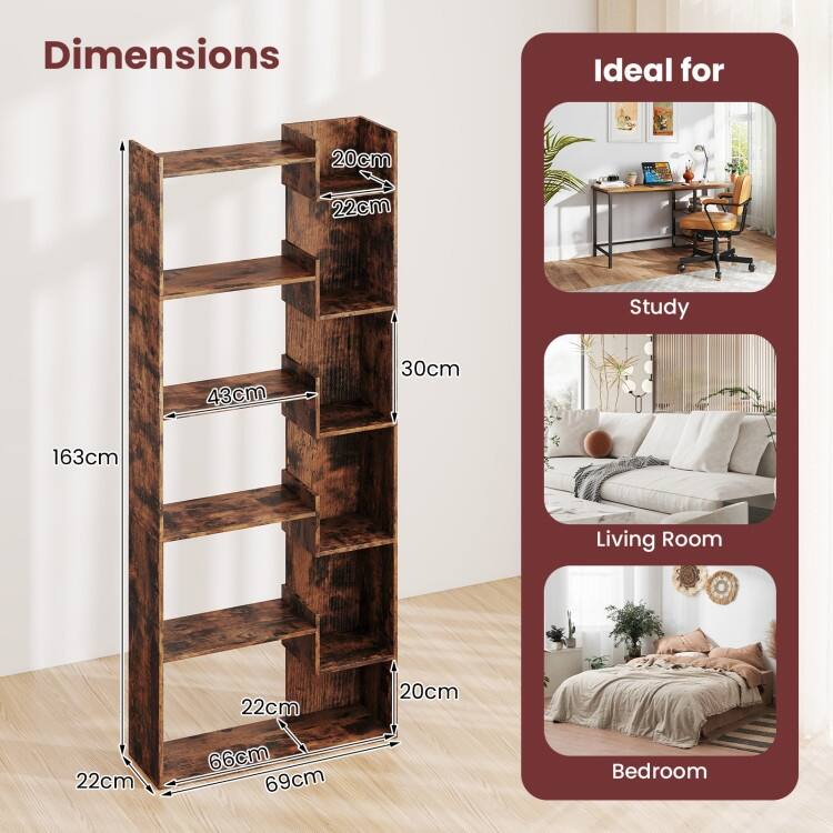 Engineered Wood 11-Shelf Bookcase with Anti-Tip Kits and Floor Pads - 27" L x 9" W x 64" H