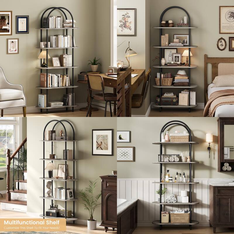 71" Bookshelf 5 Tier Bookcase Arched Display Racks Tall Bookshelf Freestanding Open Storage Shelf