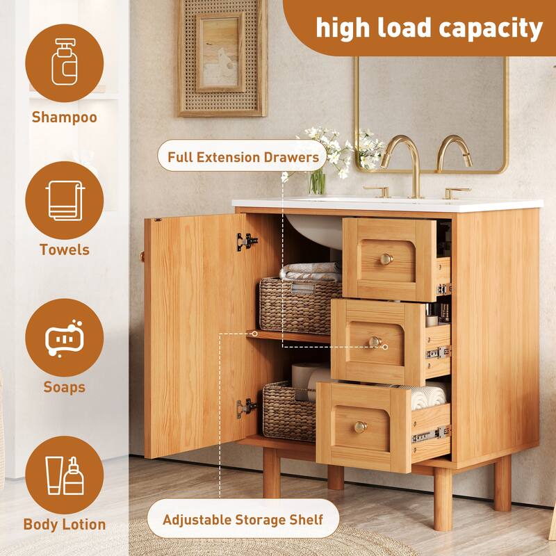 30'' Freestanding Bathroom Vanity with Single White Integrated Ceramic Sink - 30'' x 18.2'' x 34''