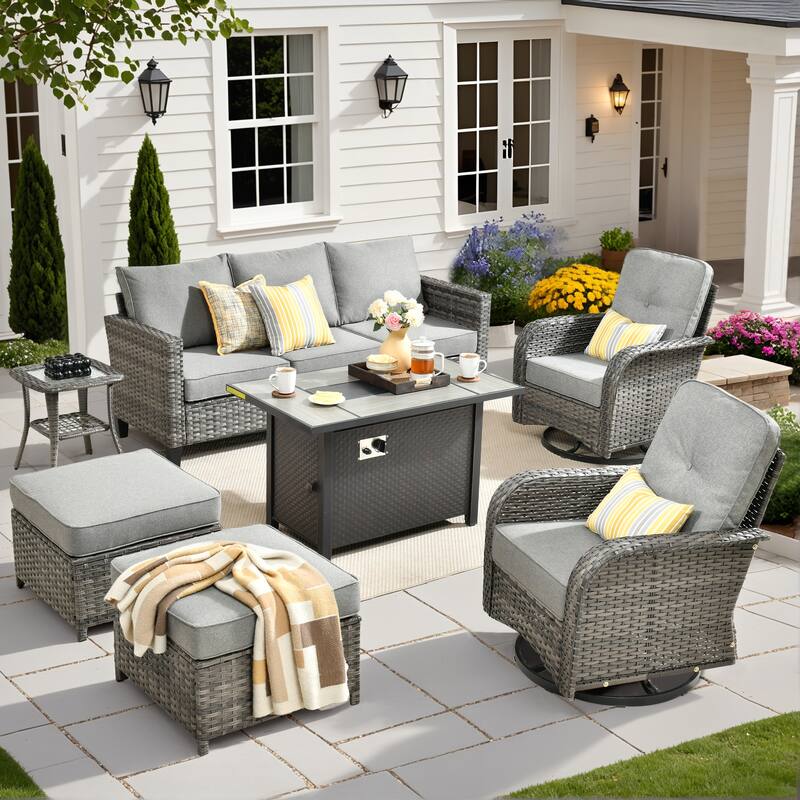 HOOOWOOO 7-piece Wicker Rattan Patio Furniture Set with Fire Pit Table - Dark Grey
