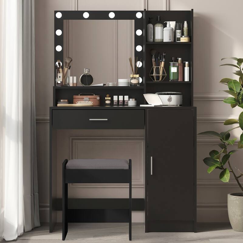 Vanity Desk with Mirror & Light, Large Drawer Three Level Storage Dresser, 3 Lighting Modes Adjustable Brightness - Black
