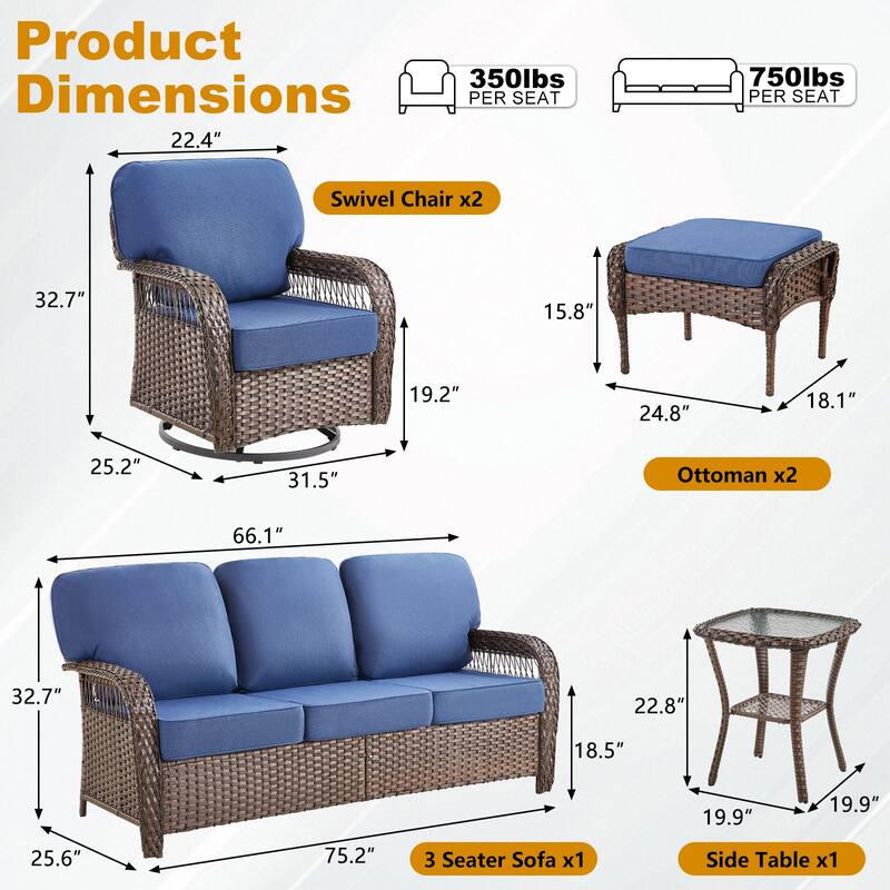 Pocassy Patio Outdoor Sofa Ottoman with Swivel Chair Table Funiture Set.