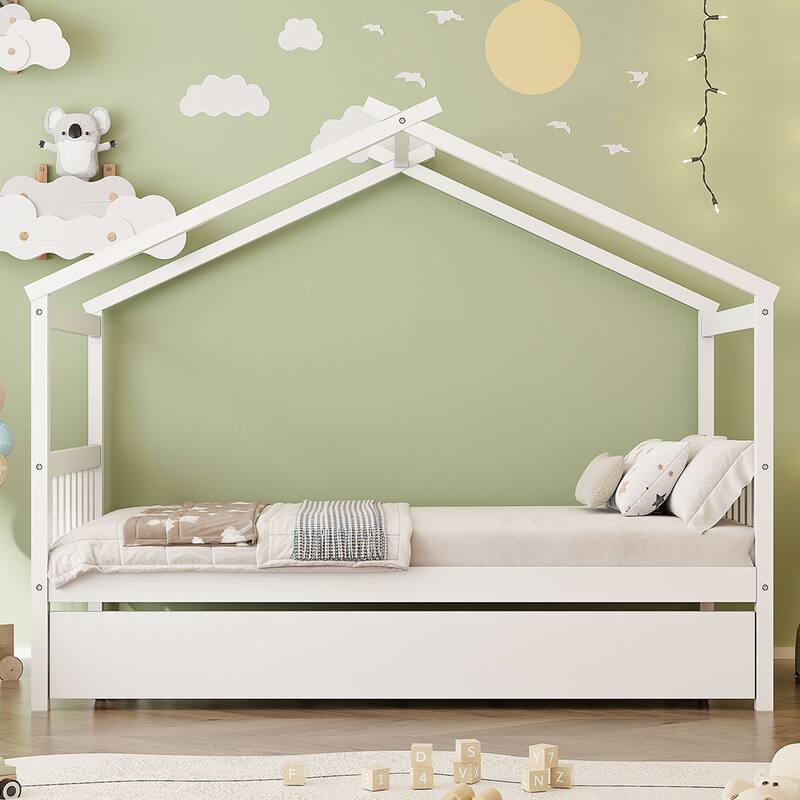 Twin Size Wooden House-Shaped Bed With Twin Size Trundle