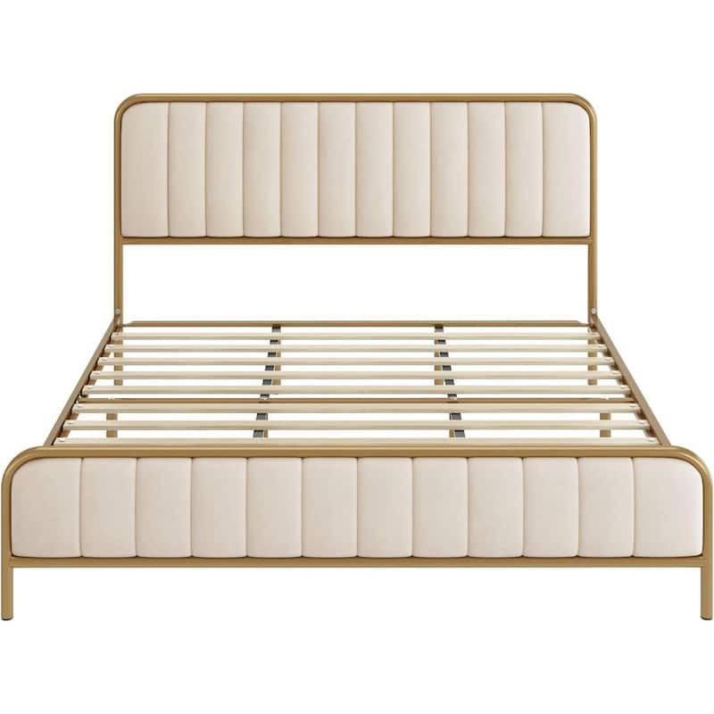 Gold Metal Platform Bed Frame with Off-White Upholstered Headboard - Queen