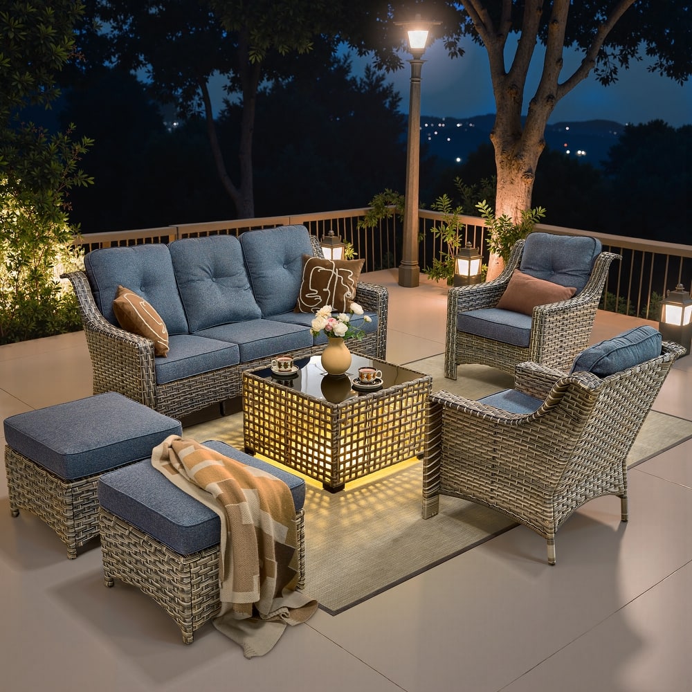 OVIOS 6 Pieces Outdoor Wicker Set With Solar-Powered Table
