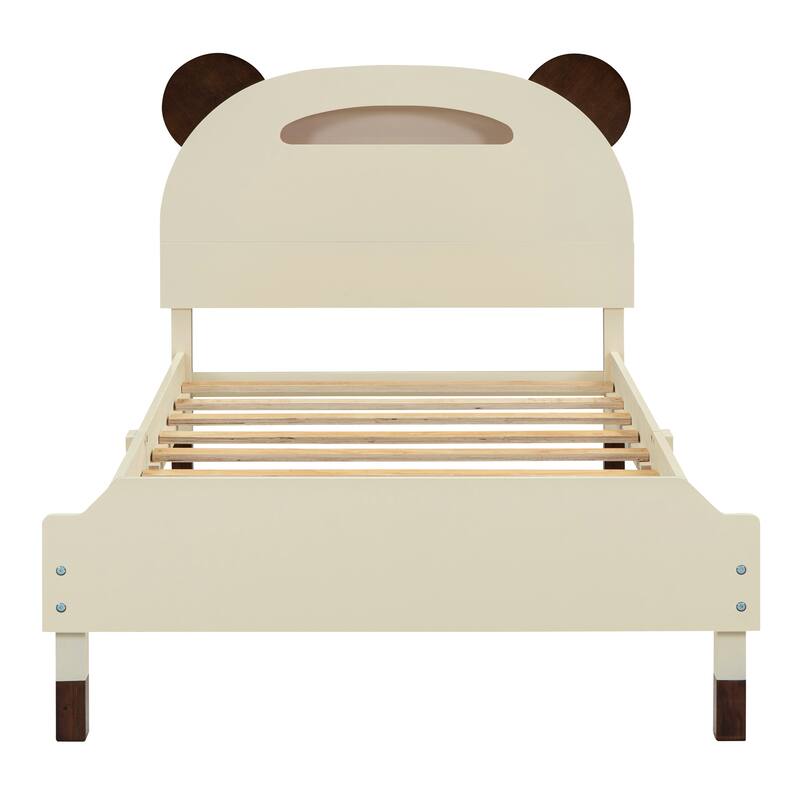 Twin Size Wood Platform Bed with Bearshaped Headboard,Bed with Motion