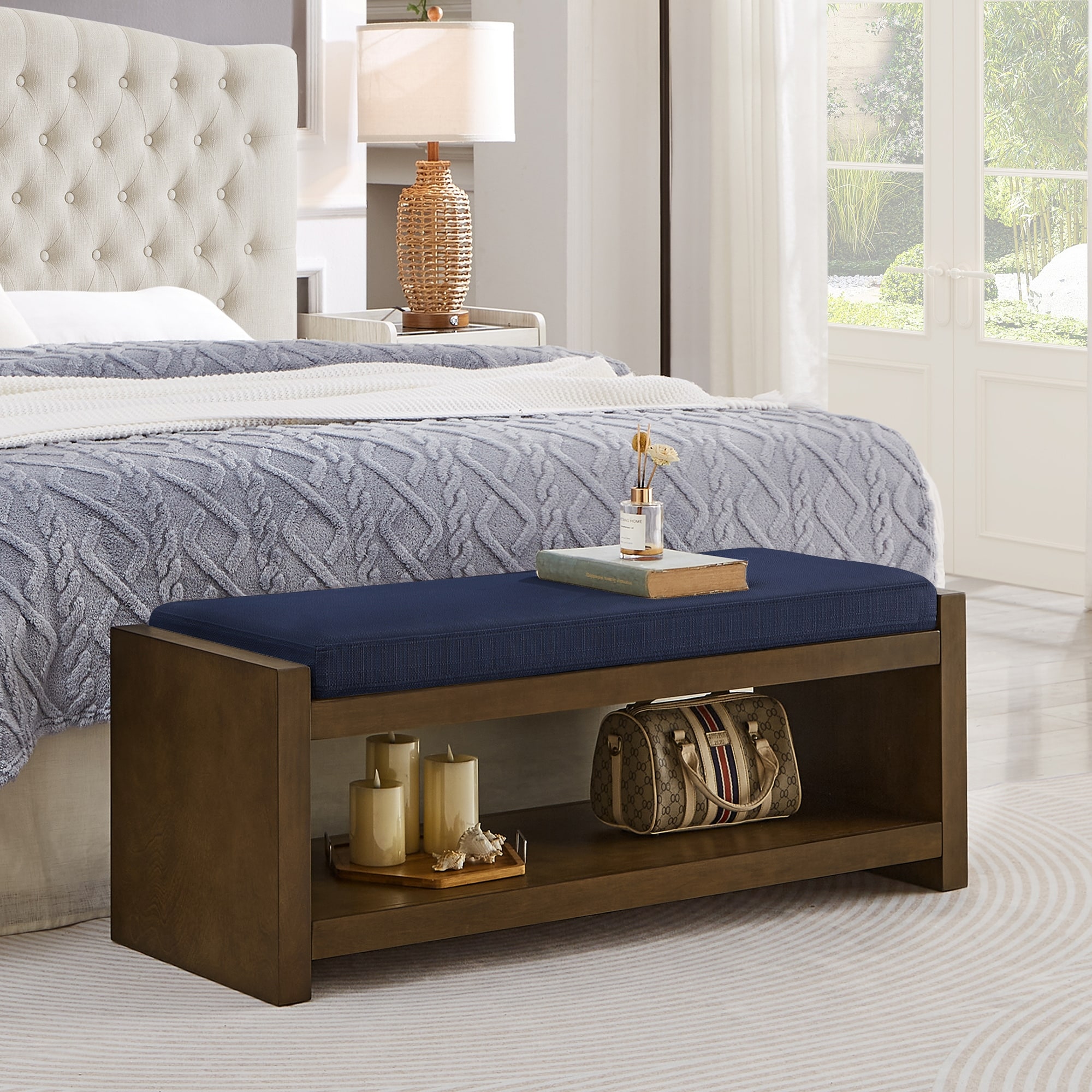47" Accent Bench with Lower Shelf Shoe Rack, Padded Seatin, Modern Compact Bed End Bench with Storage, Removable Cushion