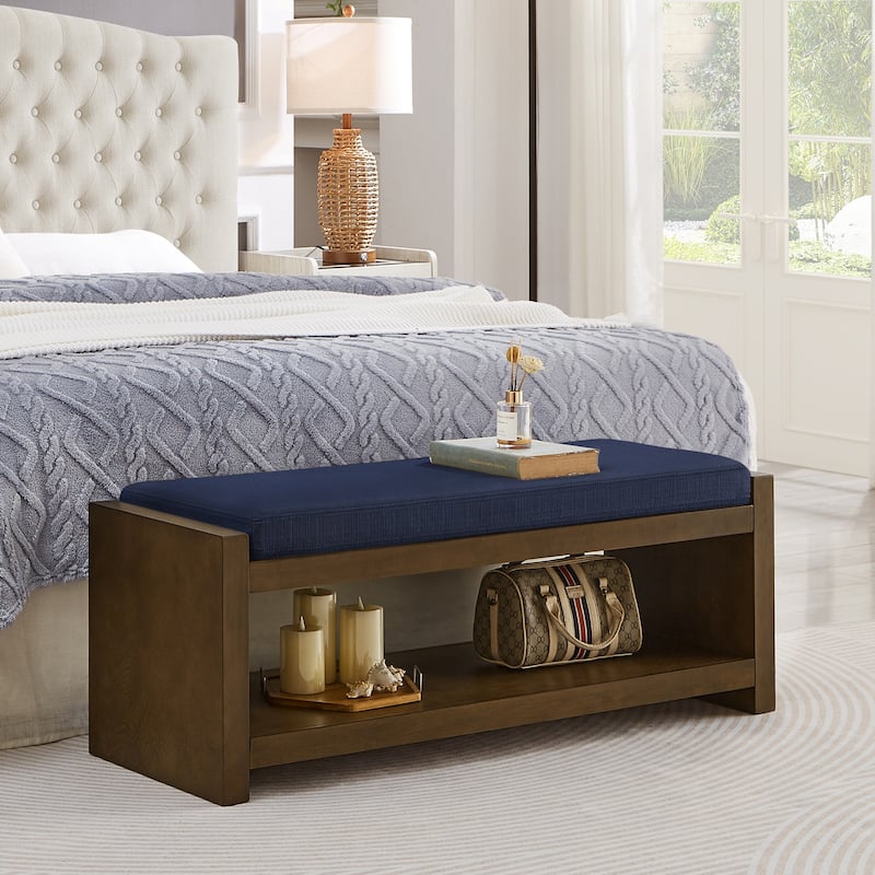 GDFStudio - Layla 47" Modern Linen Bench with Padded Seat & Shoe Rack - Navy Blue