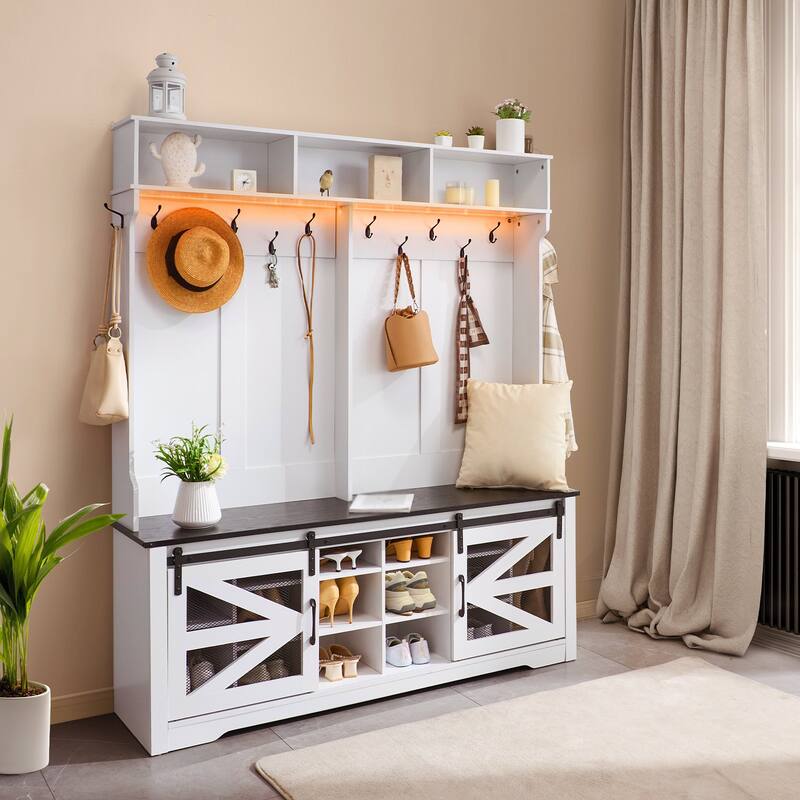 59 Inch Hall Tree Bench with LED Light Coat Rack and Shoe Storage - 59.28” x 16.44” x 67.8”