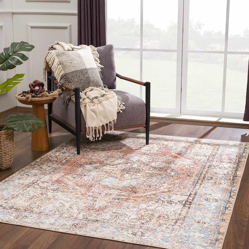 Reseca Oriental Traditional Vintage Distressed Machine Washable Area Rug - 9'2" x 11'9" - Brown, Grey, Blue / Beck