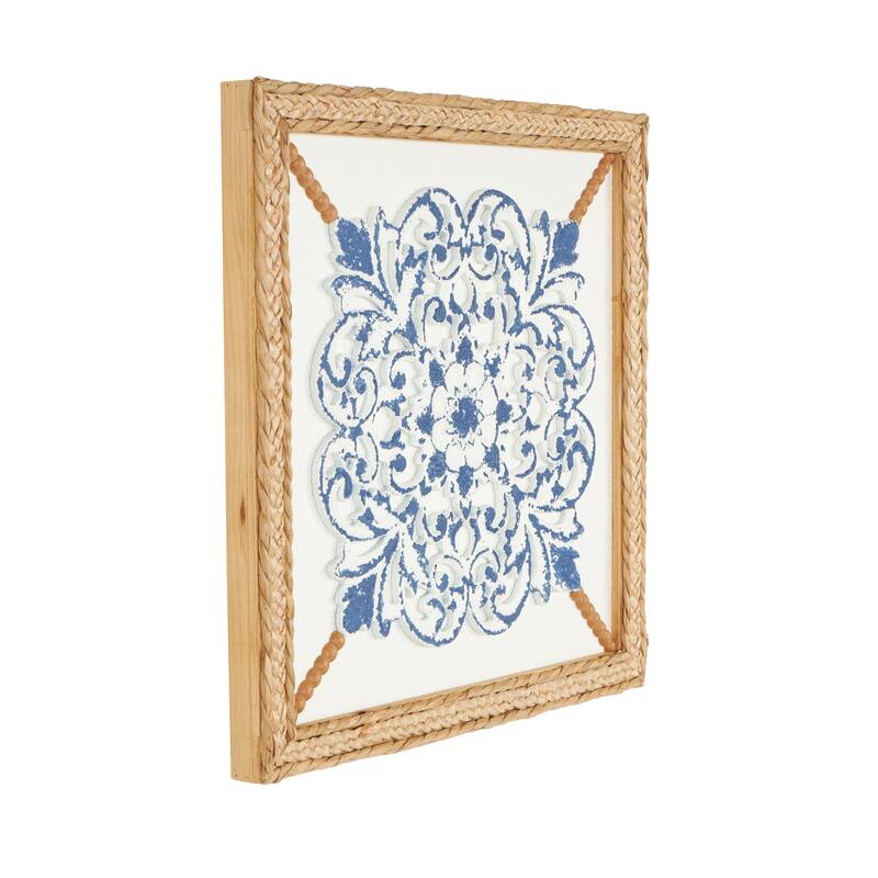 Blue Wood Relief Floral Home Wall Decor with Brown Woven Seagrass Frame and White Backing