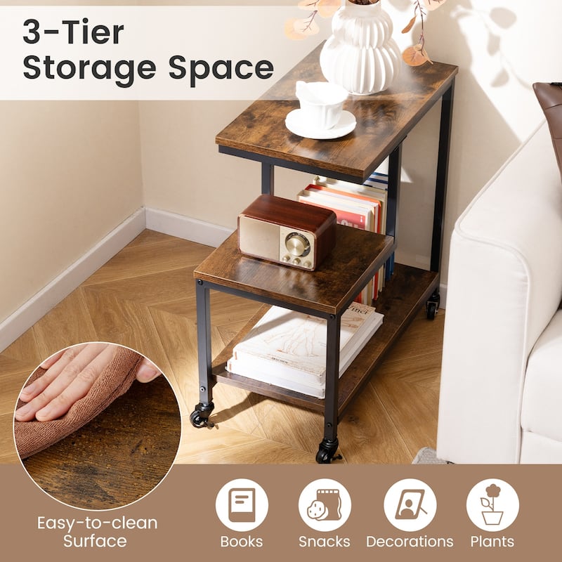 3-Tier G-Shaped Wooden Side End Table with Wheels and Storage for Living Room or Office Use - 23" x 12" x 24"