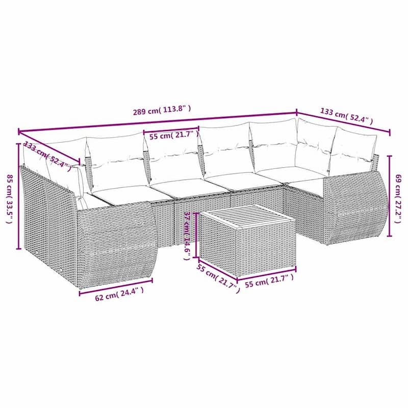 vidaXL 8 Piece Patio Sofa Set with Cushions Black Poly Rattan - 24.4x 24.4x 27.2