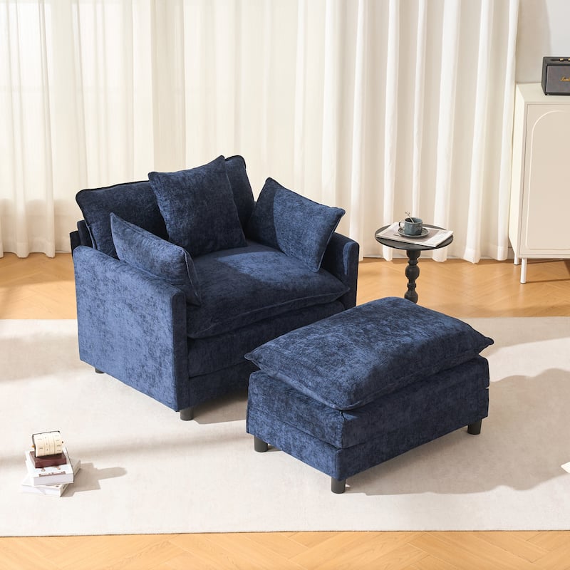 39.4" Modern Accent Chair with Ottoman, Living Room Club Chair Chenille Upholstered Armchair, Reading Chair for Bedroom
