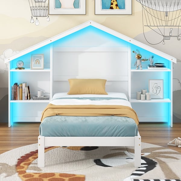 slide 2 of 11, Wood Twin Platform Bed with House-Shaped Headboard&Built-in LED, White White - Twin
