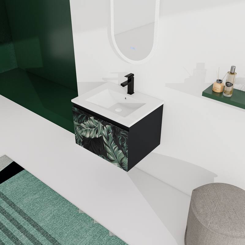 24 Inch Wall-Mounted Vanity with Ceramic Sink, Soft-Close Hinges & Triple Doors for Bathrooms