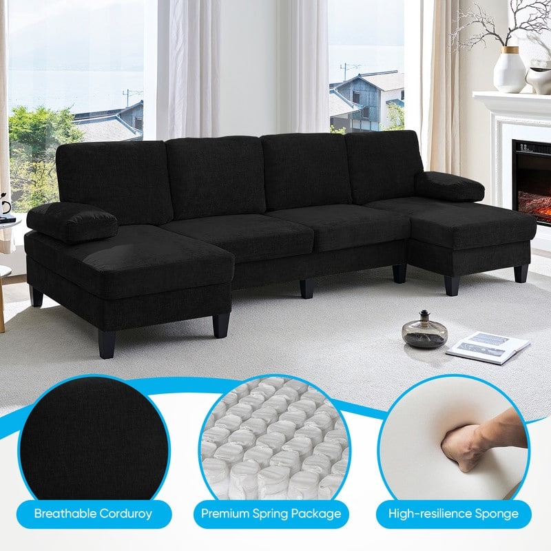 Mixoy 110"U-Shaped Sectional Couches,Chenille Fabric Upholstered Large 4-Seater Sofa with Double Chaises and Sleepable Armrest