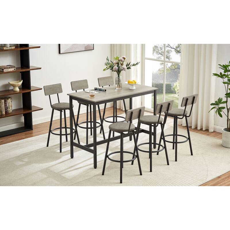 7-Piece Bar Dining Table and Chair Set, Industrial Design with 6 PU Upholstered Stools