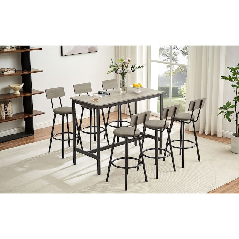Bar Table and Chairs Set for 6, Dining Table 7 Piece Set, Pub Counter Height Table w/6 PU Leather Bar Chairs for Breakfast Nook