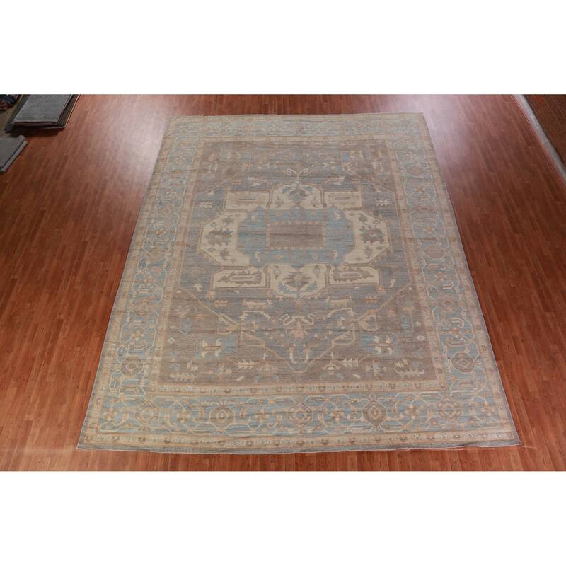 Hand Knotted Oriental 100% Wool Carpet Transitional Medallion Navy Blue & Blues Oushak Area Rug - 14' 8'' X 12' 0''