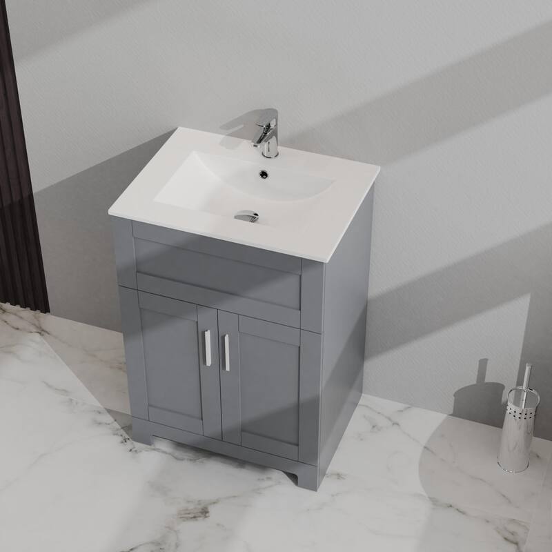 Gray MDF Modern Bathroom Vanity with Drop-in Sink, 2-Door Storage, Soft-Close Hinges, Eco-Friendly Melamine Finish - 24in L MDF