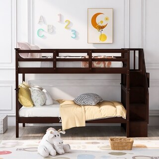 Stairway Twin-Over-Twin Wooden Bunk Kids Bed with Storage,Guardrail