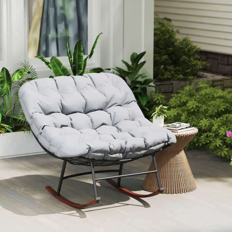 Steel Rocking Chairs with Cushions Woodgrain Base Indoor Outdoor Set of 2 - 36.6" W x 39.8" D x 30.7" H
