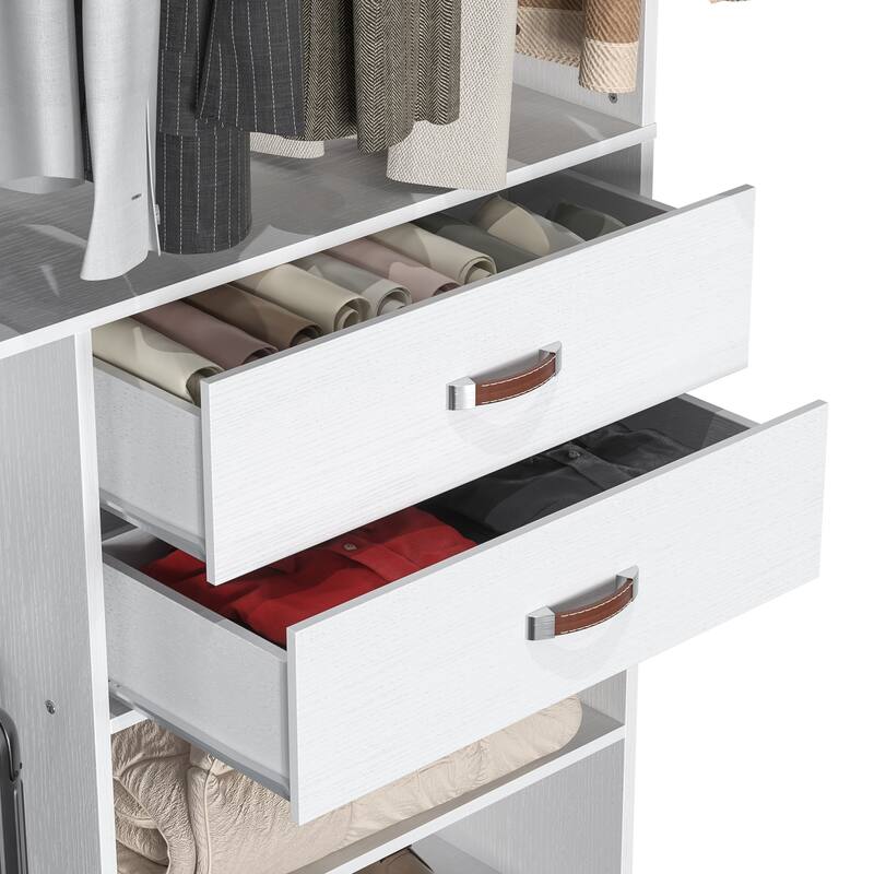 Rackcog Freestanding Closet Organizer with Hanging Rod, Closet System Wardrobe with Wood Drawers