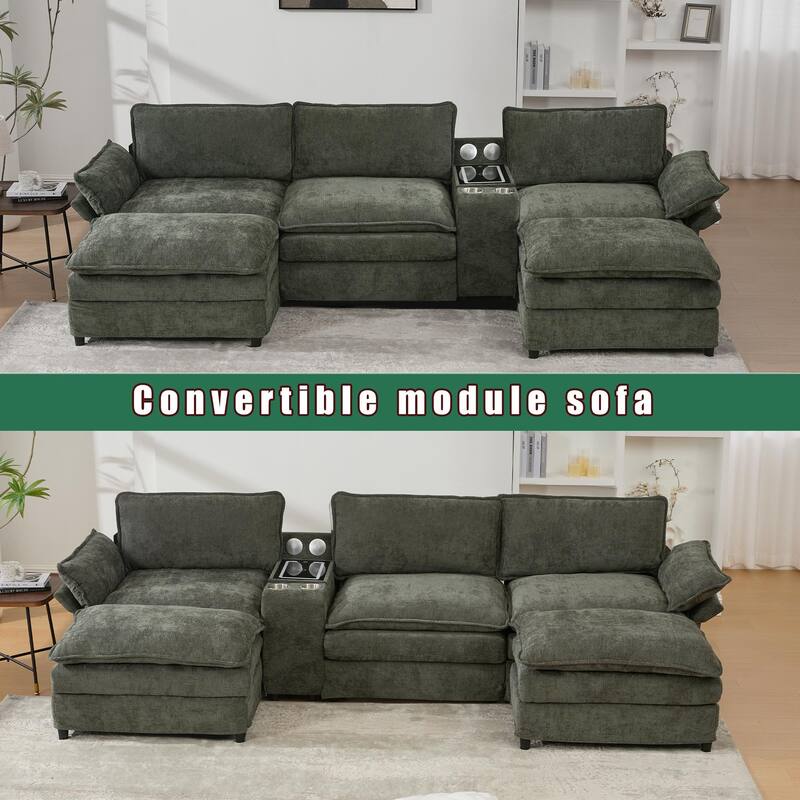 Modular Sectional Sofa, U Shaped Couch with 2 Ottomans, Storage Console & Wireless Charging, 2 Cup Holders, Bluetooth Speakers