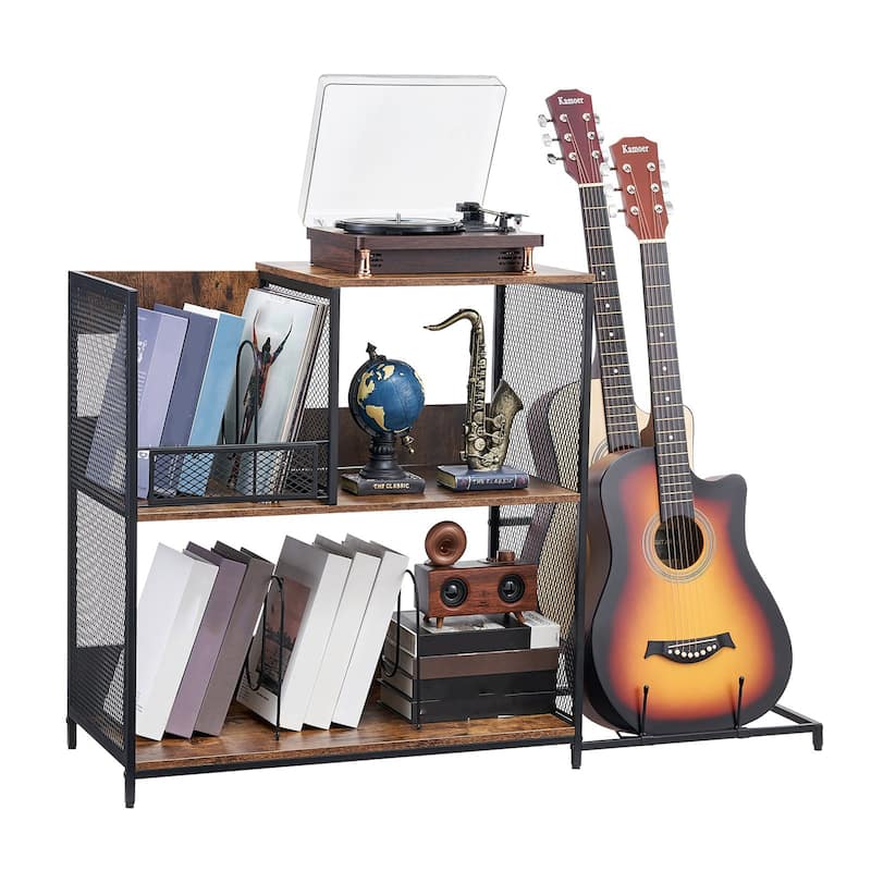 3-Tier Turntable Record Player Stand with Guitar Holder and Extra Large Storage Space - 44.61" x 14.17" x 30.12"