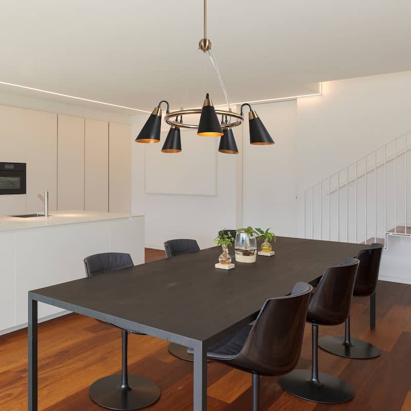 Modern 5-Light Black Gold Chandelier Wagon Wheel Pendant Lights with Metal Shades - 23.5"L x 33.5"H