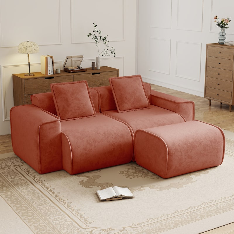 Streamlined Design Modular 2 Seat L Shape Boneless Velvet Fabric Sofa with 1 Movable Ottoman - 8' x 10'