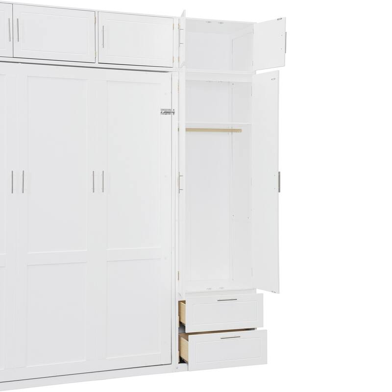 Queen Size Murphy Bed with Cabinet & Wardrobe - Space Saving Wall Bed with Shelves, Foldable Bed for Small Rooms & Home Office
