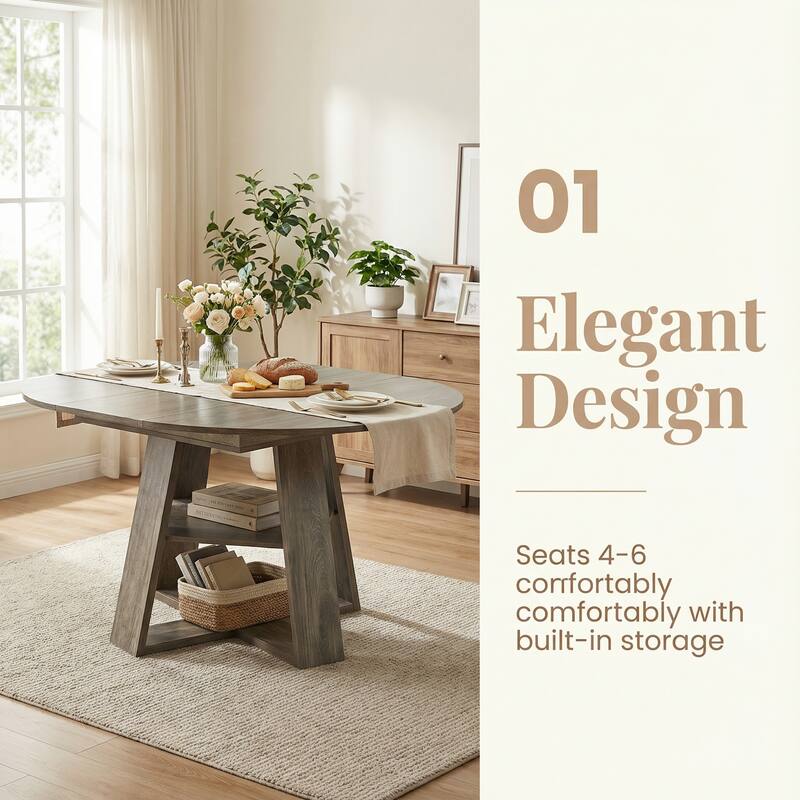 43"-59" Extendable Oval Dining Table with Storage Base, Modern Round to Oval Kitchen Table