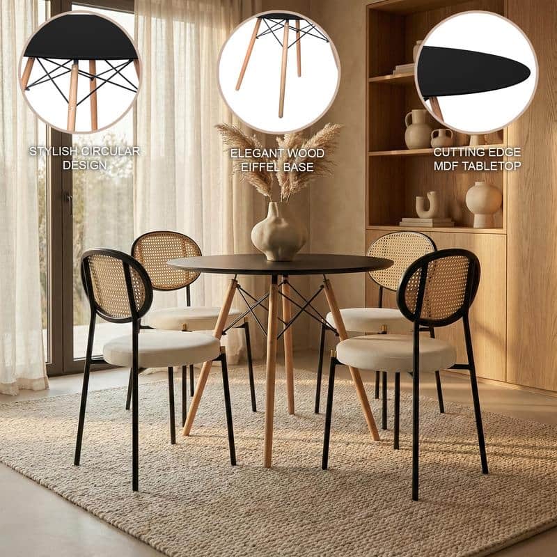 Leisuremod 5-Piece Dining Set with 1 Modern Solid Wood Top Round Dining Table and 4 Velvet/Leather Upholstered Chairs