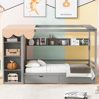 Wood Storage House Bed with 2 Drawers, Wardrobe & Curtain