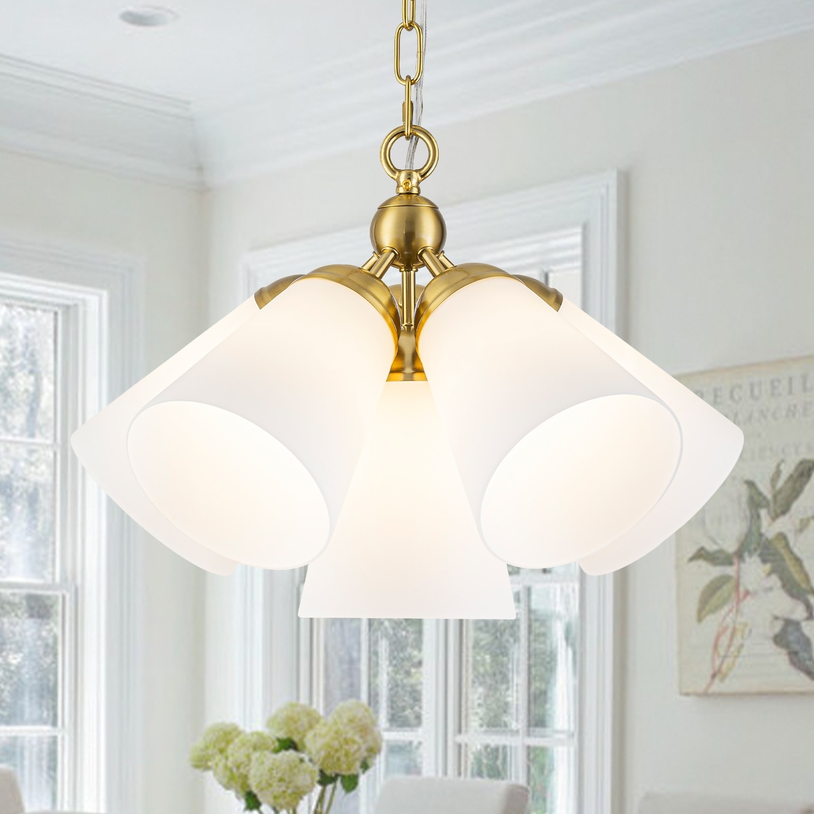 Multi-Hood Pendant Light with Frosted White Bell-Shaped Glass Shades - Dia.19.69inch