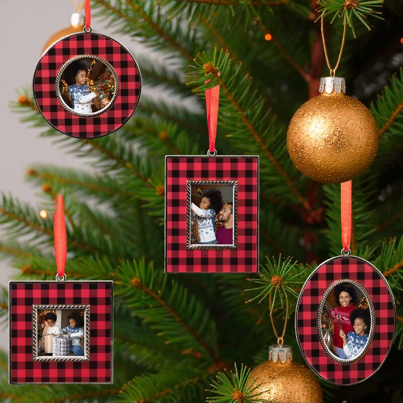 Buffalo Plaid Photo Frame Christmas Ornaments - 3.5" - Set of 4