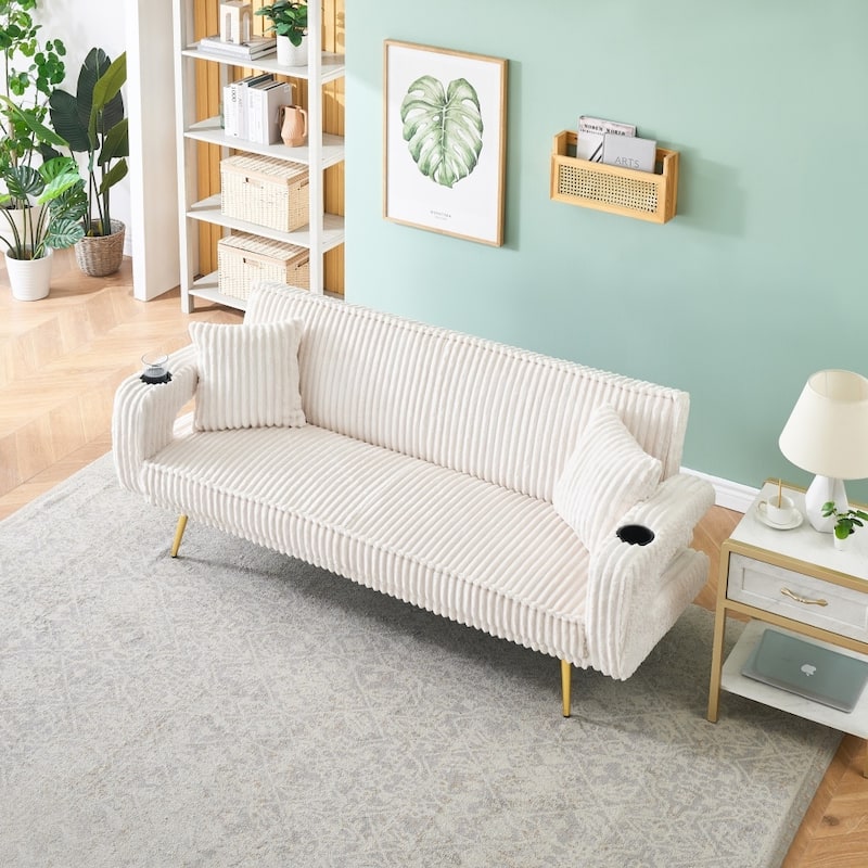 74.01" Straight Corduroy Sofa Bed with Pillows and Adjustable in Three Levels - White