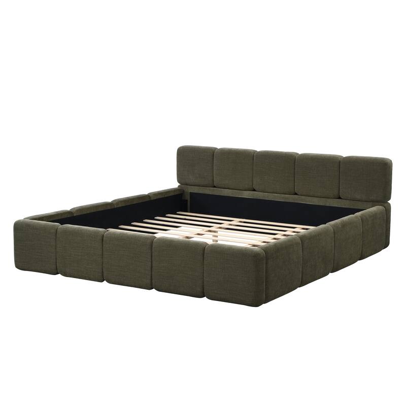 Christopher Knight Home Evelyn Platform Bed with Boucle Upholstery and Thick Block-Style Headboard