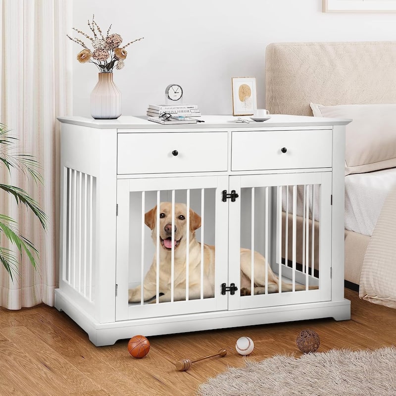 BOSSIN 44 Inch Large Dog Crate Furniture, Wooden Dog Kennel End Table with Storage Drawers, Decorative Pet Crates Dog House - white