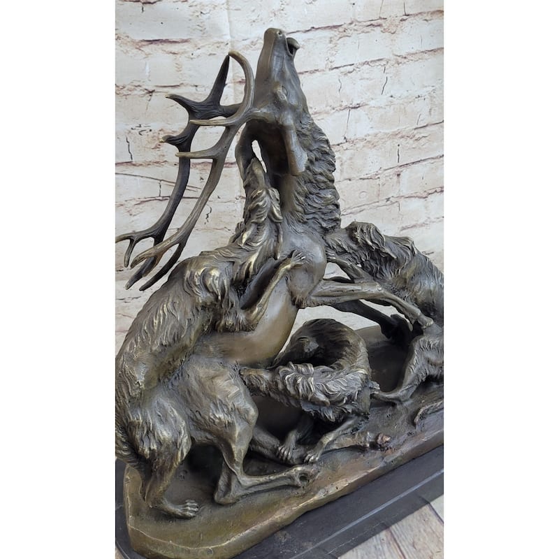 Elk Reindeer Attacked By Hunting Dogs Bronze Statue Sculpture Figure Barye 14 Inches X 16 Inches